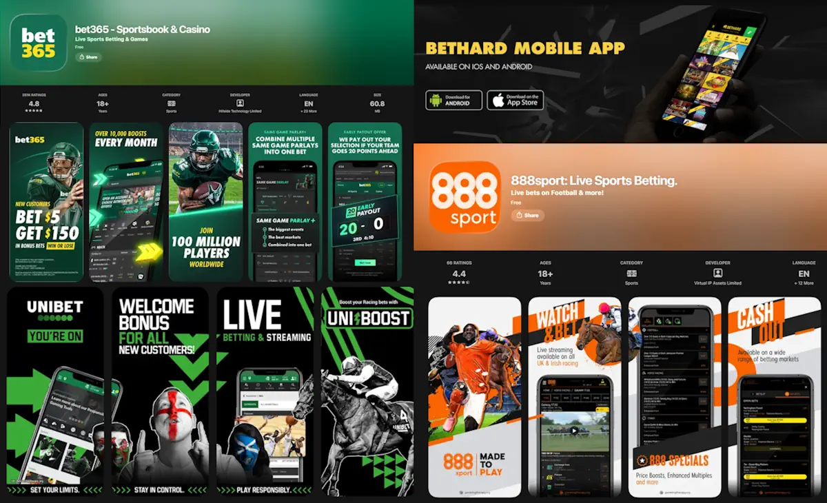 Betting apps Bet365, Bethard, 888sport and Unibet Banner